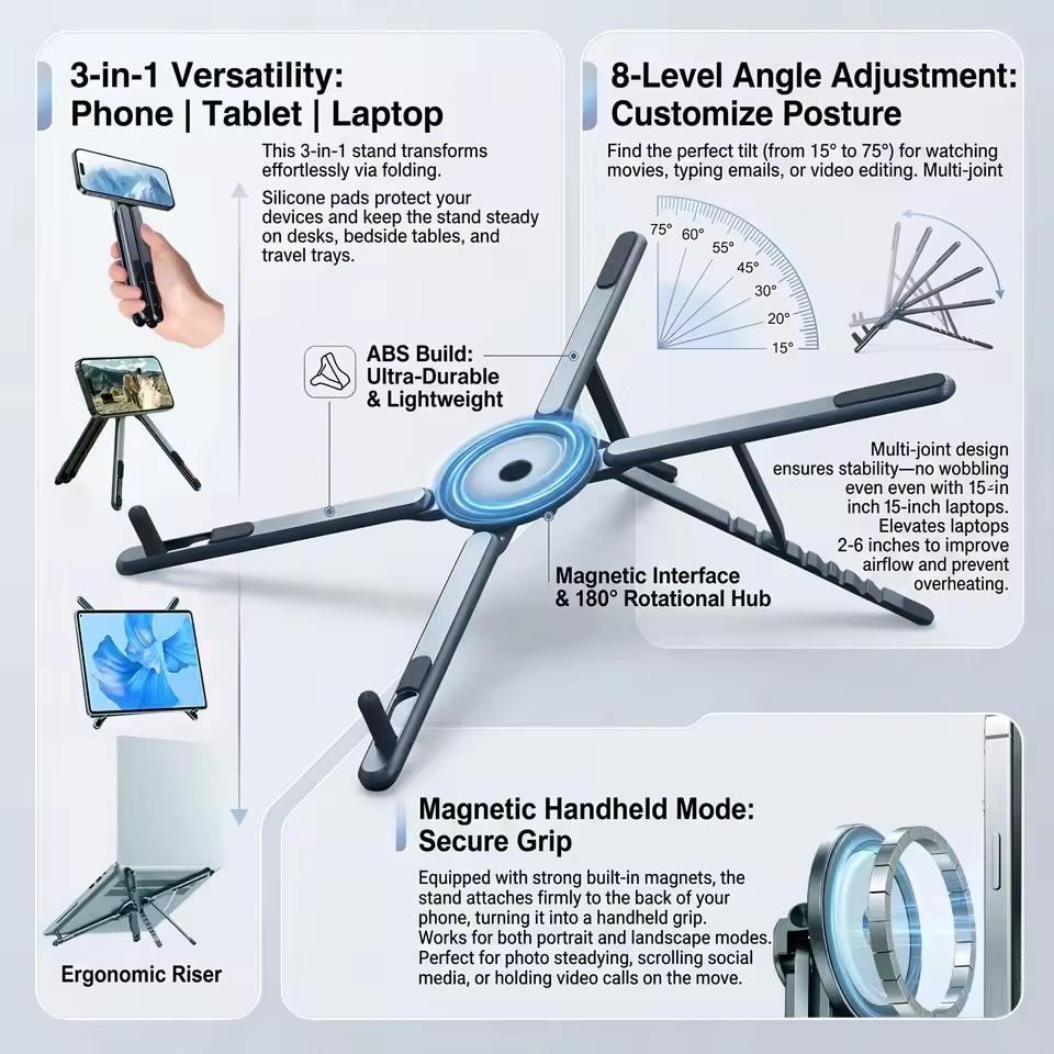 Laptop Extra Accessories - ที่วางโทรศัพท์แม่เหล็กแบบพกพาและไม้เซลฟี่ 3-in-1 ขาตั้งกล้องพับได้สำหรับ iPhone, iPad, แท็บเล็ต,