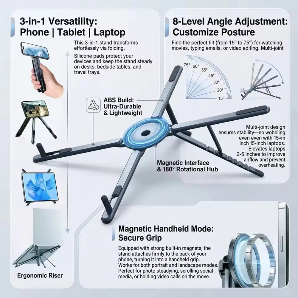 Laptop Extra Accessories - ที่วางโทรศัพท์แม่เหล็กแบบพกพาและไม้เซลฟี่ 3-in-1 ขาตั้งกล้องพับได้สำหรับใช้งานกับ iPhone, iPad, แท็บเล็ต,